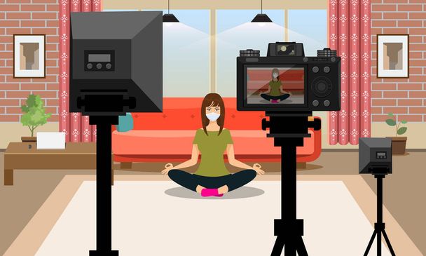 Femme faisant du yoga et de faire des blogs vidéo avec masque et gants. Rester à la maison concept vectoriel illustration
. - Vecteur, image