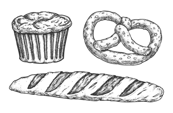 Sketch of kringle and baguette, cake with raisins - Вектор,изображение