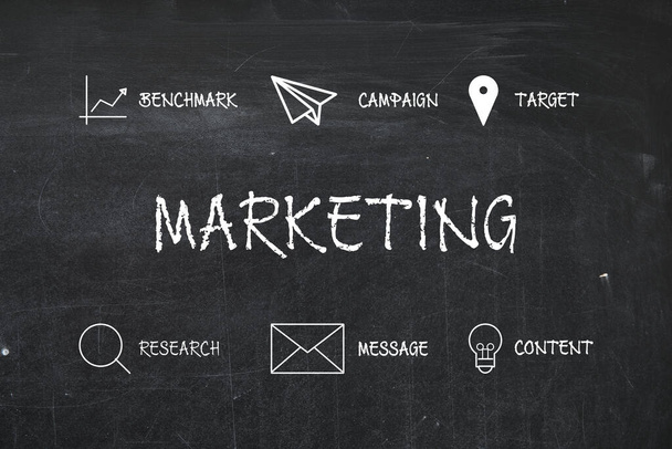 Marketing strategy scheme drawn on black chalkboard - Zdjęcie, obraz