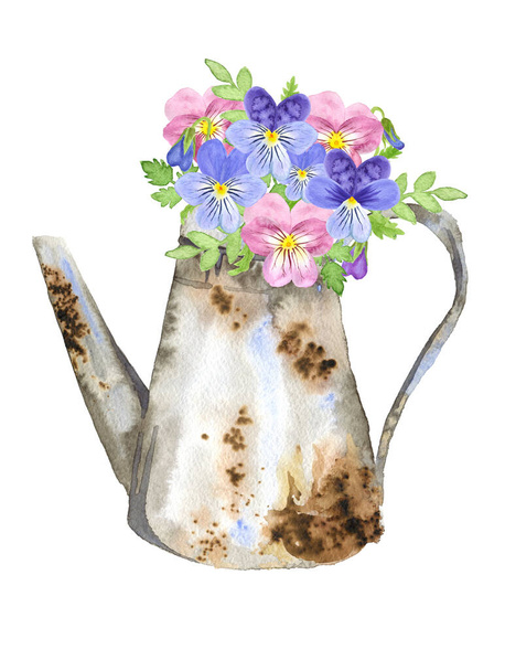 watercolor watering can with rust effect, filled with blue and pink viola flowers. Delicate violet flowers in an old courtyard. Illustration for postcards, posters on a garden theme. - Foto, Imagem