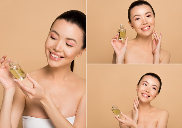 college with attractive happy asian girl holding bottle of perfume isolated on beige - Foto, Bild