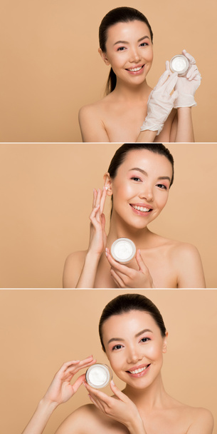 коллаж с улыбающейся обнаженной азиатской девушкой в латексных перчатках с нанесением крема для лица, изолированного на бежевый цвет
 - Фото, изображение