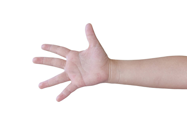 Kinderhand zeigt die Zahl fünf isoliert auf weißem Hintergrund mit Clipping-Pfad. - Foto, Bild