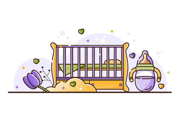 Vektorillustration mit Baby-Accessoires. Holzkrippe für ein Neugeborenes mit Kissen und Decke. Eine Flasche Milch. Geburt eines Jungen oder Mädchens. Linearer Druck auf weißem Hintergrund. - Vektor, Bild