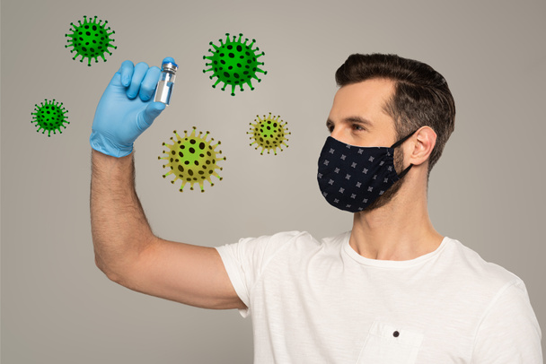 Man in safety mask holding jar of vaccine isolated on grey, bacteria illustration - Photo, Image