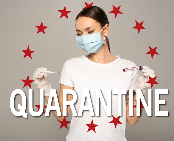 Woman in medical mask holding thermometer and test tube with blood sample and coronavirus lettering isolated on grey, quarantine and stars illustration  - Photo, Image