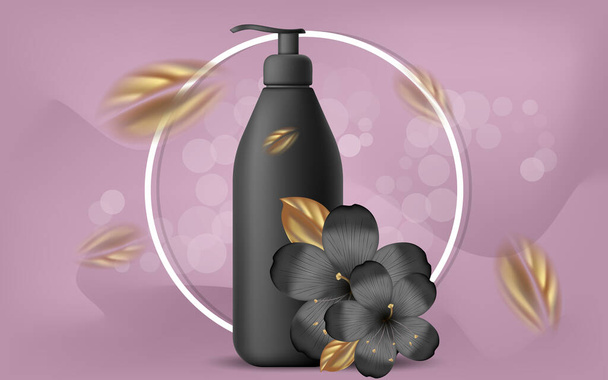 Vector realistische illustratie met lege zwarte shampoo of gel bellen. Tropische Hawaiiaanse bloemen en gouden bladeren. Banner voor reclame en promotie van cosmetische producten. Gebruik voor posters, kaarten - Vector, afbeelding