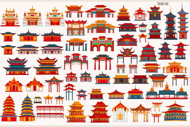 Ensemble de temples chinois, portes et bâtiments traditionnels sur un fond gris clair - Vecteur, image
