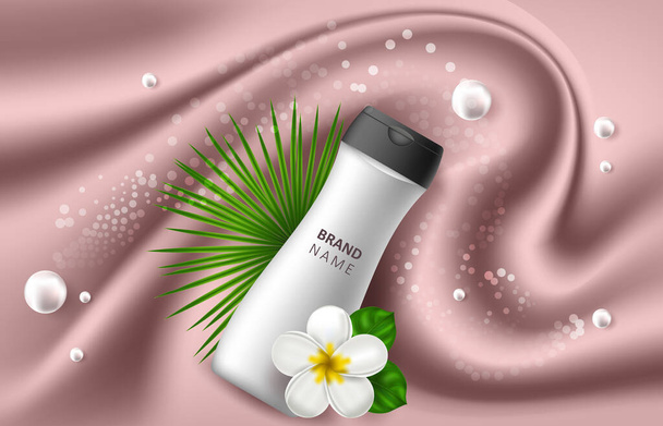 Ilustração realista vetorial com branco de uma garrafa de xampu. Flores tropicais havaianas frangipani. Banner para publicidade e promoção de produtos cosméticos. Use para cartazes, cartões
 - Vetor, Imagem