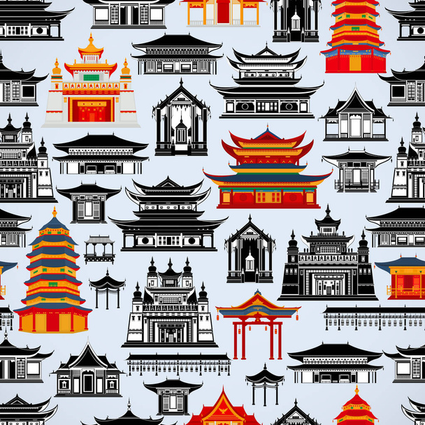 Seamless vector pattern with Chinese traditional buildings and temples on a light blue background - Vector, Image