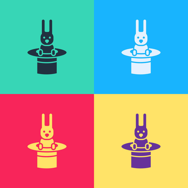 Поп-арт Волшебная шляпа и икона кролика изолированы на цветном фоне. Фокус. Таинственная развлекательная концепция. Векторная миграция
 - Вектор,изображение