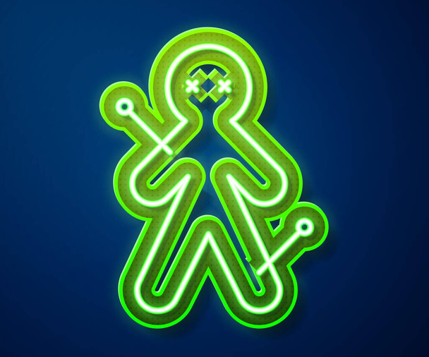 Leuchtende Neon-Linie Voodoo-Puppe Symbol isoliert auf blauem Hintergrund. Vektorillustration - Vektor, Bild
