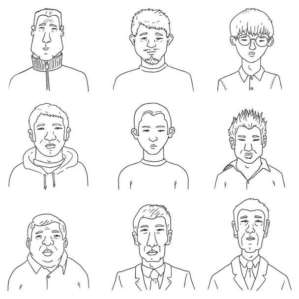 Векторный набор персонажей. Лица азиатских мужчин
 - Вектор,изображение