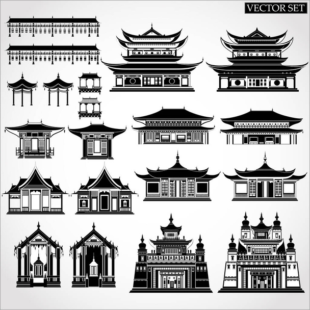 Kínai templomok, kapuk és hagyományos épületek fekete-fehér - Vektor, kép