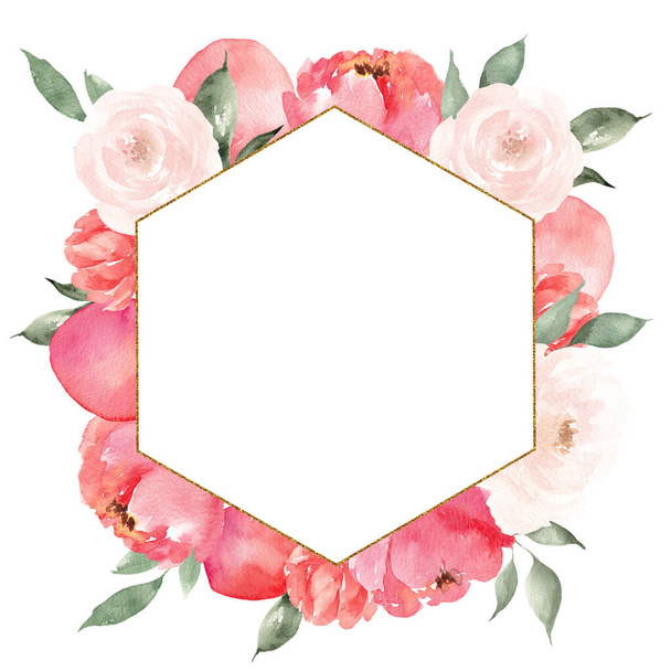 水彩手描き桃の花のフレーム,結婚式のデザインのための,カード,招待状,白い背景に隔離された - 写真・画像