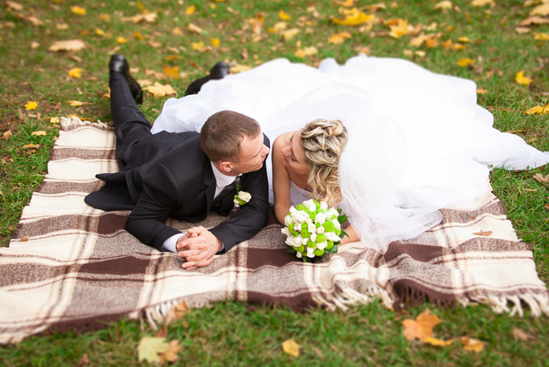 Bräutigam und Braut liegen auf Plaid im Park und küssen sich - Foto, Bild