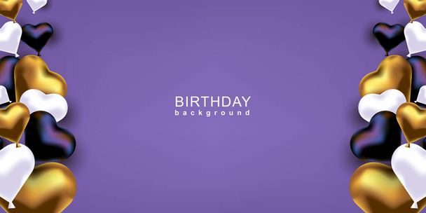 Happy Birthday Background. Gold, black and white metalic balloons heart shape on a purple backdrop. Vector invitation banner - Vetor, Imagem