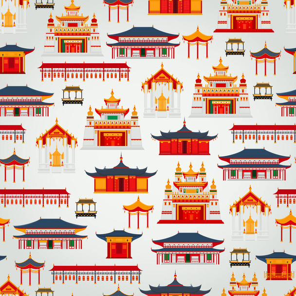Açık gri arkaplan üzerinde geleneksel Çin binaları ve tapınaklarıyla kusursuz vektör deseni. - Vektör, Görsel