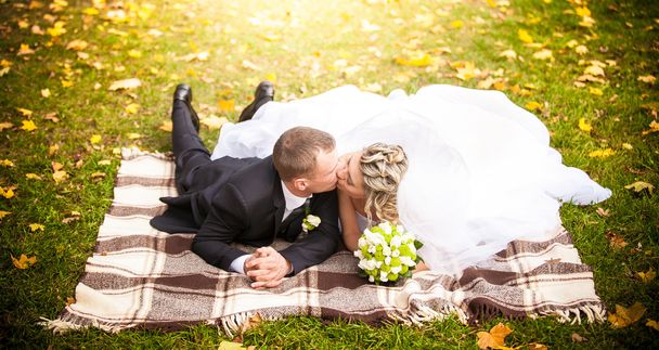 Married couple lying in park on plaid and kissing passionately - Photo, Image