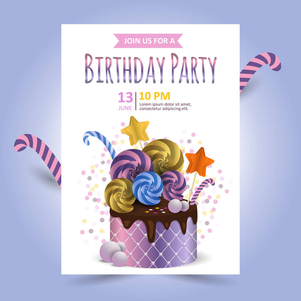 Beautiful cake with chocolate and candies and confetti. Holiday Invitation Vector Template - Wektor, obraz