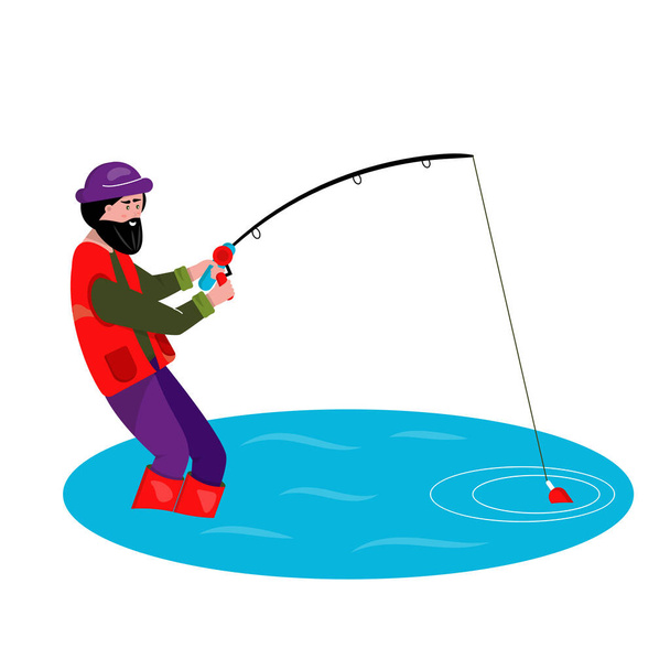 Рыбалка в природе. Рыбалка, тихая охота. Векторный персонаж человек с бородой на белом фоне стоит в озере и тянет большую рыбу
 - Вектор,изображение