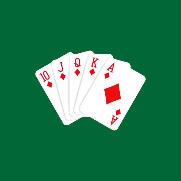 Royal flush kéz gyémántok, kártyák pakli színes illusztráció. Póker kártyák, bubi, dáma, király és ász vektor. - Vektor, kép