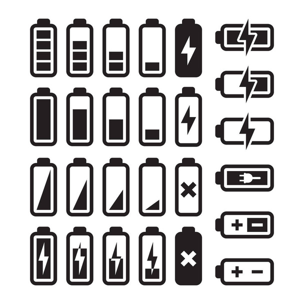 Battery empty and full with a lightning bolt charge symbol. Black isolated simple battery vector icon set. - Vector, Image