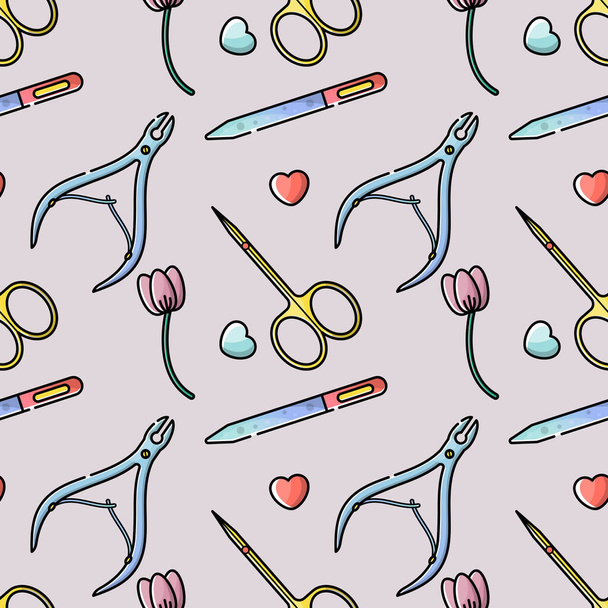 Nail salon. Tools and accessories for manicure and nail. Vector flat color seamless pattern in linear style. - Vector, afbeelding