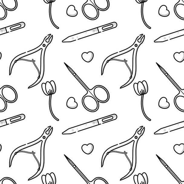 Nail salon. Tools and accessories for manicure and nail. Vector flat monochrome seamless pattern in linear style - Vector, Image