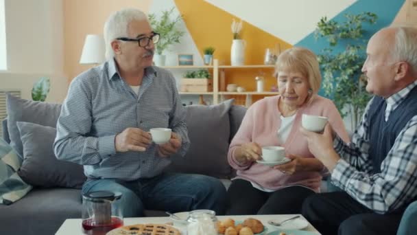 Elderly men and woman drinking tea and talking sitting on sofa at table at home - Filmmaterial, Video