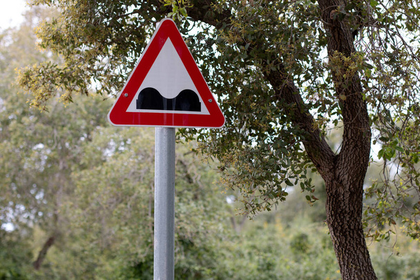 Panneau de signalisation route rugueuse dans la forêt
 - Photo, image