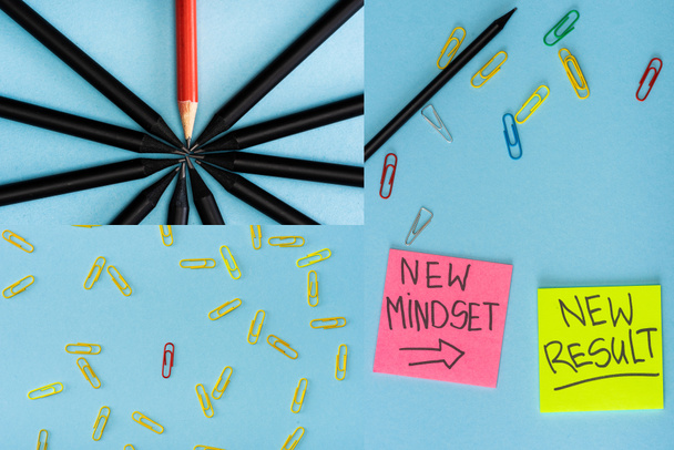 Collage aus Haftnotizen mit neuer Denkweise und neuen Ergebnisschriften mit Büroklammern und Bleistiften auf Blau - Foto, Bild