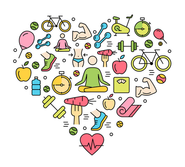 Ikony fitness w tle - związane ze zdrowym stylem życia, zdrowym odżywianiem, dietą, ćwiczeniami, relaksem - Wektor, obraz