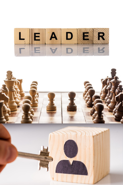 Collage of cubes with leader lettering, chess on chessboard and male hand with key on white - Fotoğraf, Görsel