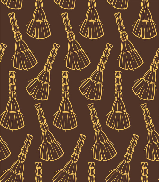 Outline style yellow besoms for cleaning seamless pattern. Decoration for wrapper. Brown background, vector. - Vettoriali, immagini