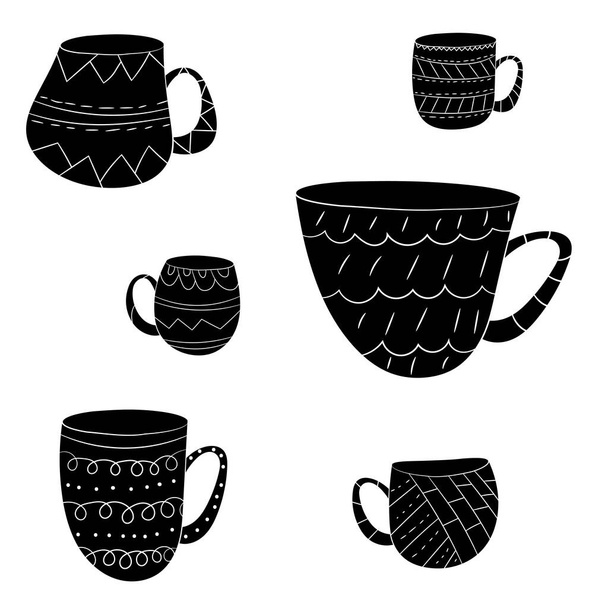 Vektor készlet csésze tea, kávé, tej felhívni a kezét skandináv stílusban. Izolált monokróm tárgyak. - Vektor, kép