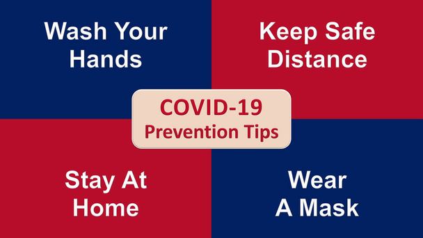 Covid-19の予防ヒント。手を洗う,マスクを着用,安全な距離を保ち、家庭用テキストに滞在.コロナウイルスのパンデミックからの予防のための3Dポスター。covid-19の認識のための最良のチャート. - 写真・画像