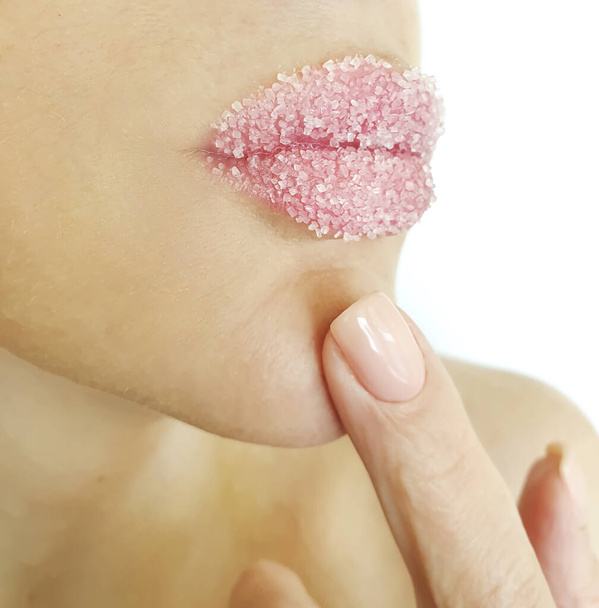 beautiful woman lips with sugar close-up - Photo, Image