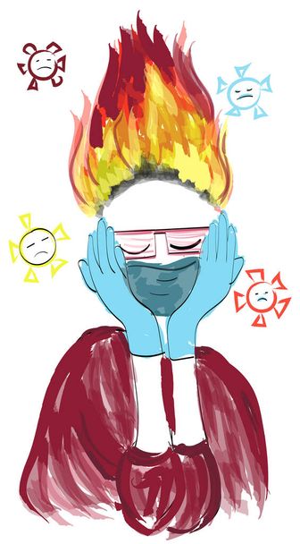 Illustratie emotionele burn-out van een coronavirus. de persoon met het beschermend masker en handschoenen.  - Vector, afbeelding