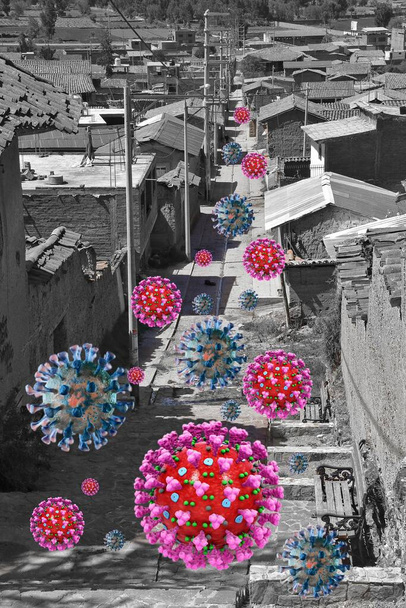 Сельские улицы захвачены коронавирусом (COVID 19), полное опустошение без жителей. Уанкайо - Перу
 - Фото, изображение