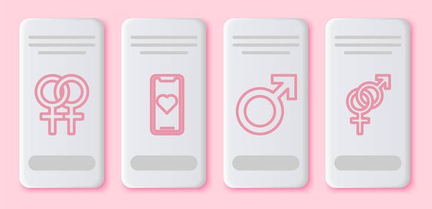Definir linha Símbolo de gênero feminino, telefone celular com coração, símbolo de gênero masculino e gênero. Botão retângulo branco. Vetor
 - Vetor, Imagem