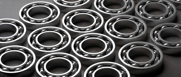 Ball bearings. Steel spare parts on industrial black metal sheet background. Machinery, engine mechanism, engineering concept. 3d illustration - Photo, Image