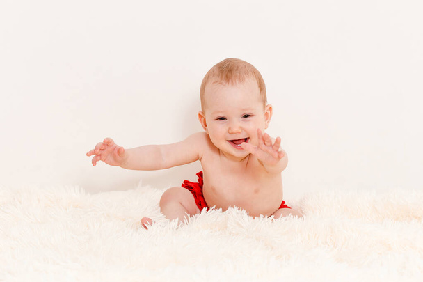 a Caucasian cheerful baby crawls on the bed on a fluffy blanket at home . an infant under one year old. pulls the handles forward. only in panties - Foto, Imagen
