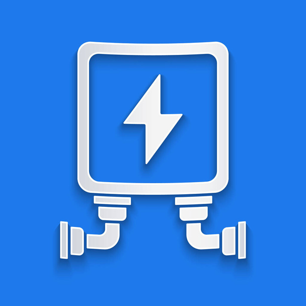 Papírvágás Elektromos transzformátor ikon elszigetelt kék háttérrel. Papírművészeti stílus. Vektorillusztráció - Vektor, kép