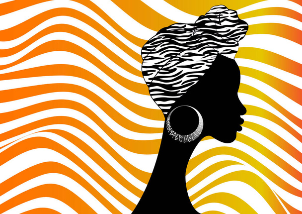 retrato bela mulher afro. Shenbolen Ankara Headwrap Mulheres Africano tradicional Headtie cachecol turbante. Cabeça Kente envolve design de tecido africano, textura zebra. Vetor isolado em safári listrado
 - Vetor, Imagem