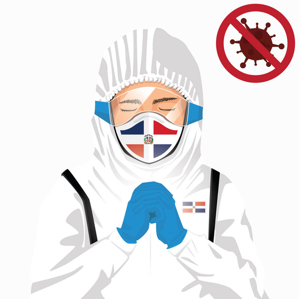 Covid-19 veya Coronavirus konsepti. Dominik sağlık personeli koruyucu giysiler içinde maske takıyor ve Dominik Cumhuriyeti 'nde Covid-19 virüsü salgınına karşı dua ediyor. Dominikli adam ve bayrak. Pandemik korona virüsü - Vektör, Görsel