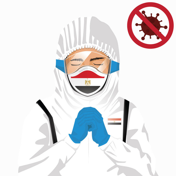 Covid-19 veya Coronavirus konsepti. Mısır sağlık personeli koruyucu giysiler içinde maske takıyor ve Mısır 'da Covid-19 virüsüne karşı dua ediyor. Mısırlı adam ve Mısır bayrağı. Pandemik korona virüsü - Vektör, Görsel