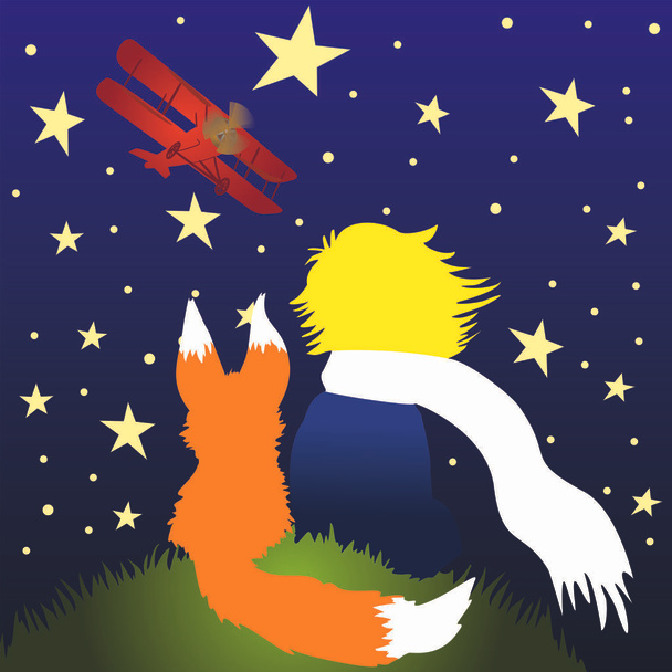selkeä kuva pikku prinssi Fox katselee tähtiä ja kone taivaalla
 - Vektori, kuva