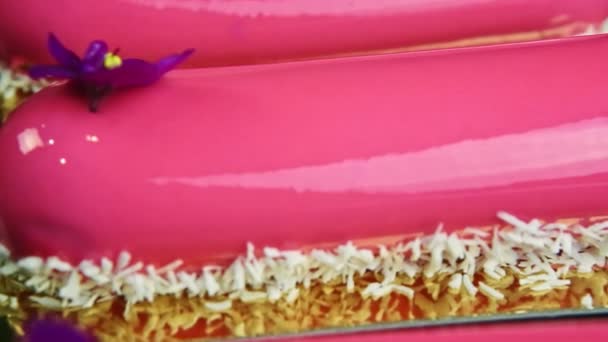 μακροσκοπική άποψη πανόραμα σε ροζ εφυαλωμένα οβάλ επιδόρπια με βιολετί λουλούδια διακόσμηση - Πλάνα, βίντεο