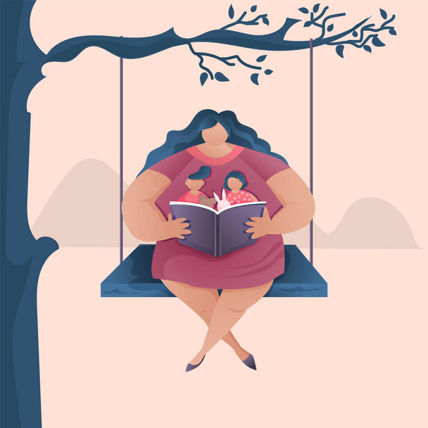Η μαμά κάθεται σε μια κούνια κάτω από ένα δέντρο και διαβάζει ένα βιβλίο στα παιδιά της.. - Διάνυσμα, εικόνα